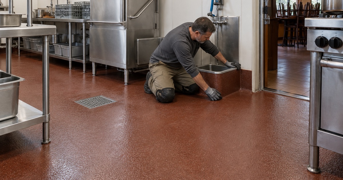 A textured urethane cement floor with an integral cove and a floor sink in the kitchen of an Ames restaurant.