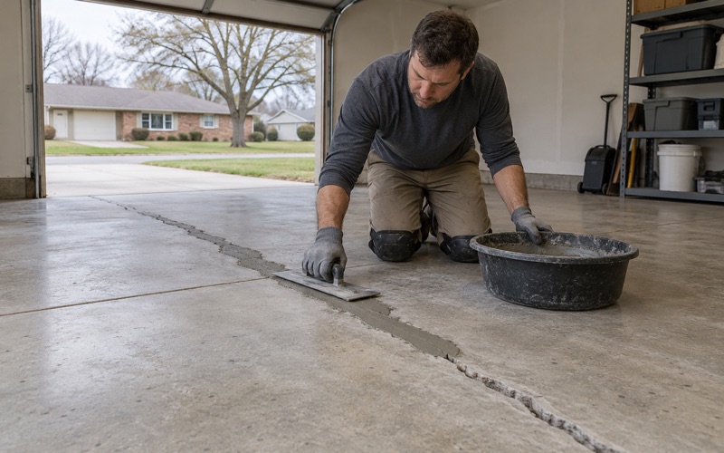 A long crack in an Ames garage slab chased out and filled flush with repair mortar before the floor is coated.