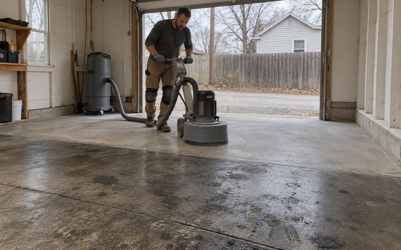 A walk-behind diamond grinder opening a pitted, stained garage slab off an alley in an older Ames neighborhood.