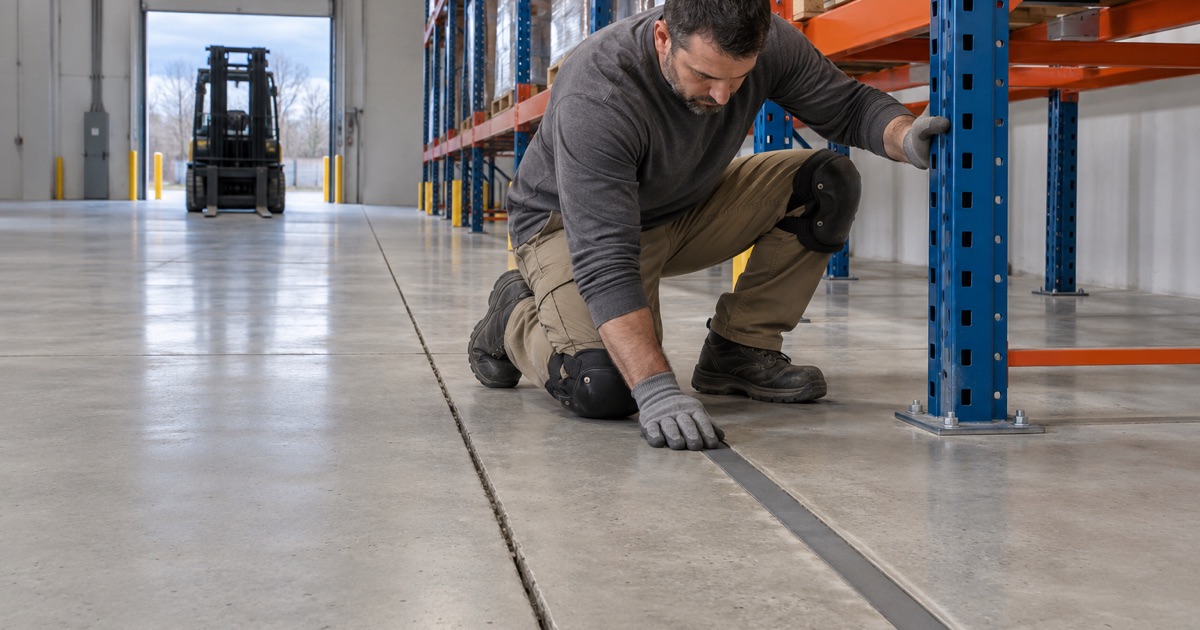 A saw-cut joint in an Altoona distribution warehouse floor, the old filler pulled away and fresh semirigid filler going in flush.