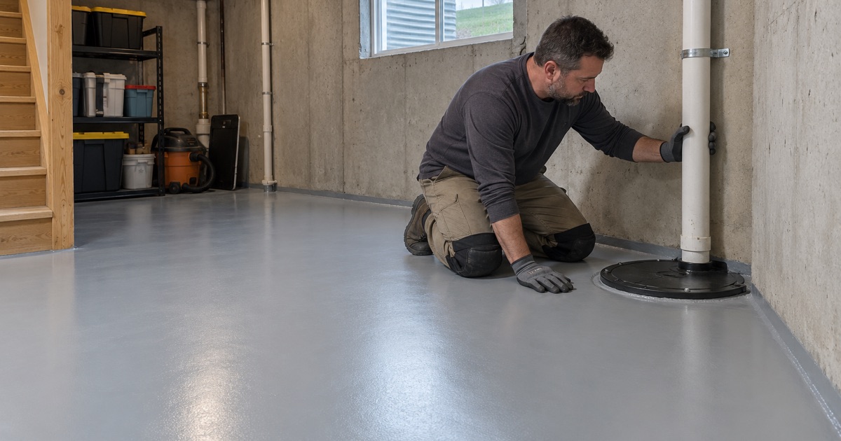 A newer Bondurant basement coated around its sealed slab joints, gasketed sump lid and radon vent pipe, every seal left intact.