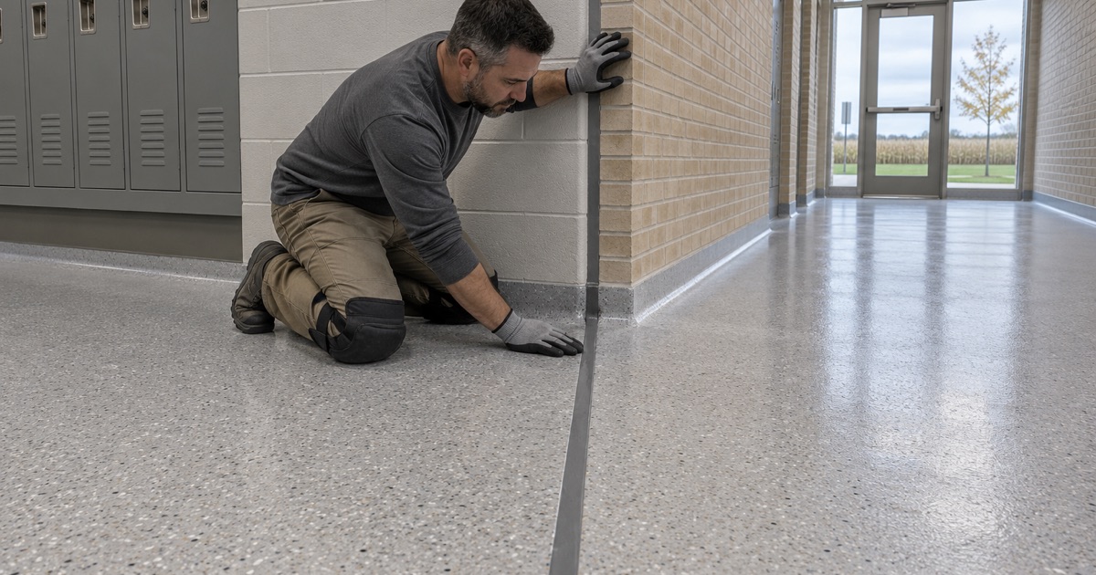 A flexible joint carried through a seamless resin corridor floor in Grimes where a newer addition meets the older building.