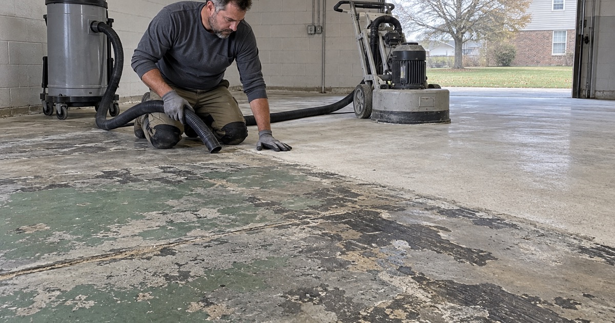 Old adhesive and floor paint ground off a reused building’s slab in Huxley to open concrete before anything is coated