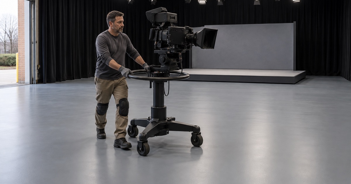 A camera pedestal rolling across a flat, seamless resin studio floor, the flatness a Johnston television studio needs.