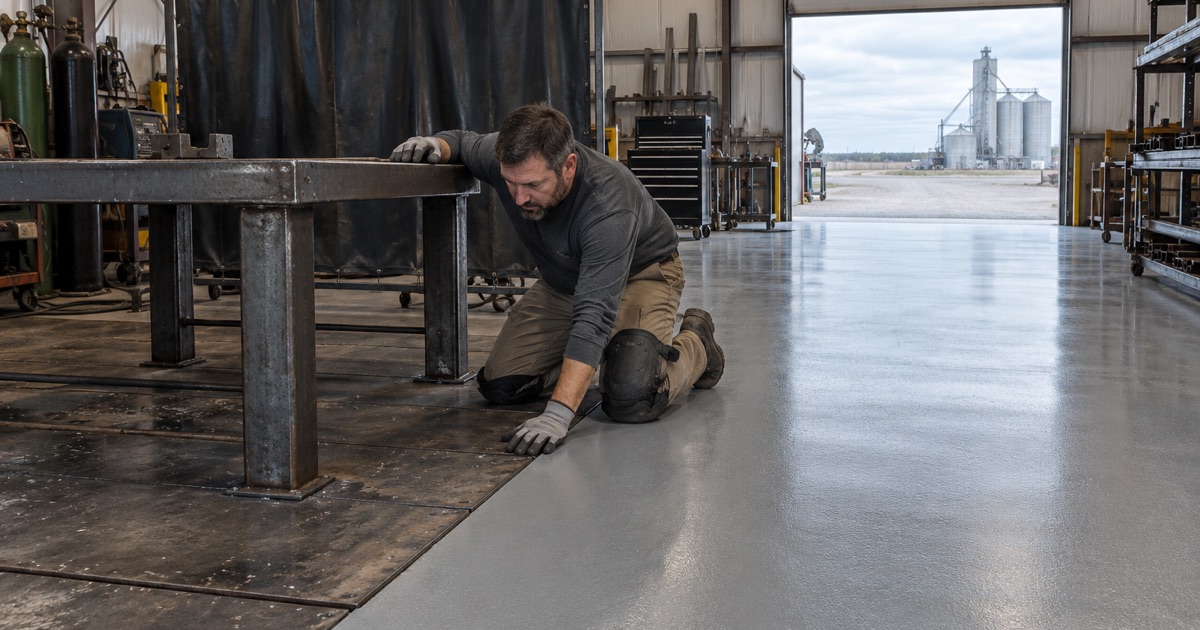 A zoned fabrication shop floor in Nevada, steel plate under the welding table and a coated floor everywhere else.
