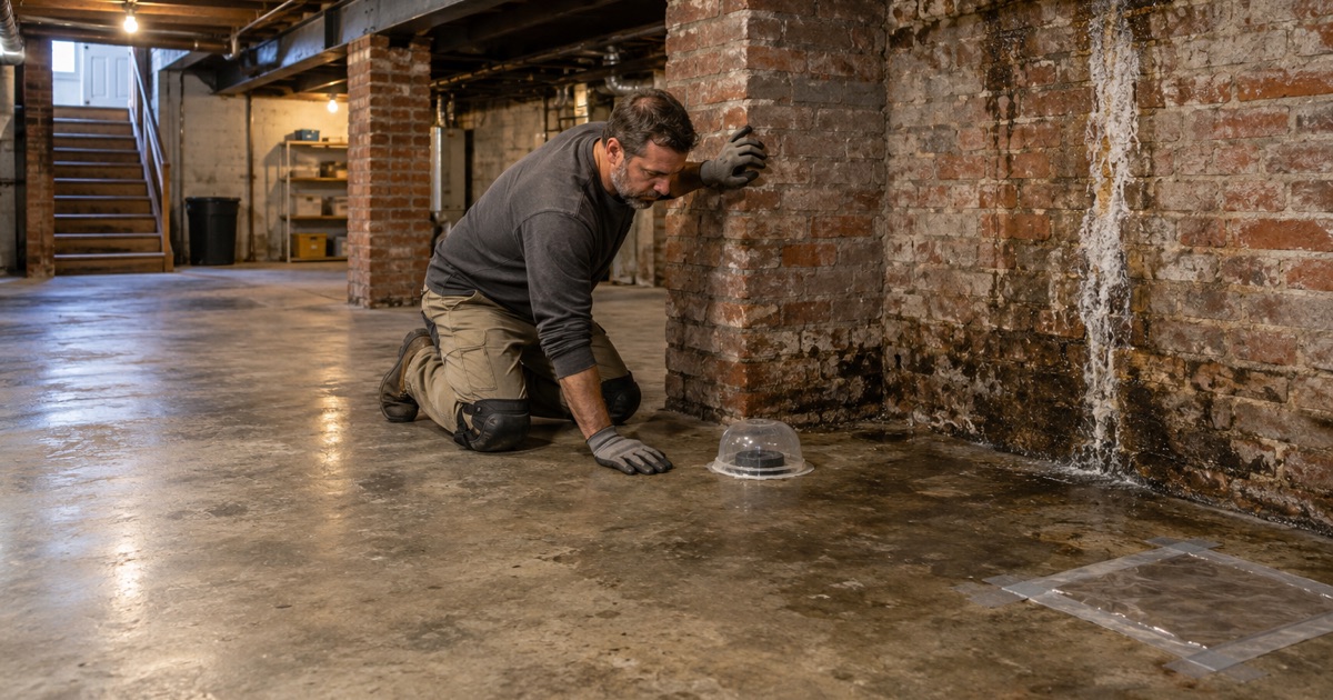 An old storefront basement that runs under the sidewalk in downtown Perry, its bare slab moisture-tested before anything is coated.