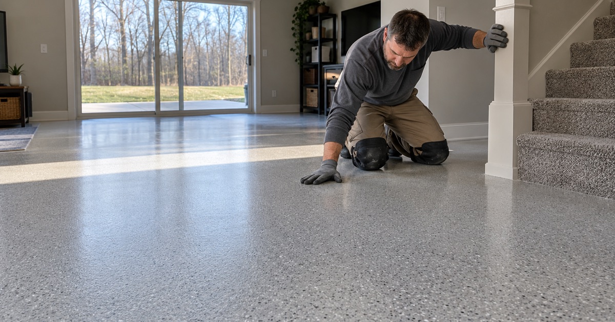 The sunlit band of floor behind a walkout sliding door in a Polk City lower level, finished in a UV-stable wear layer.