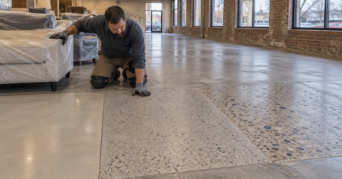 Ground aggregate-exposure mock-up squares side by side on an old factory slab in an Urbandale retail building, compared before the floor is chosen.