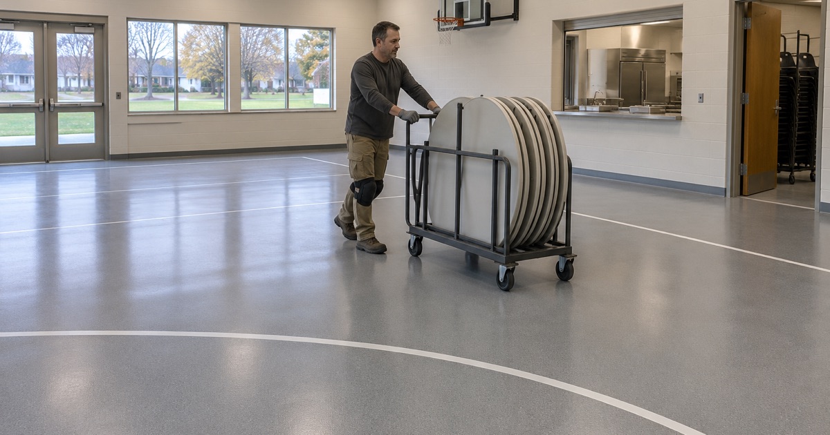 A hard, cleanable coated concrete hall floor in Windsor Heights, folding tables wheeled out after a meal and a basketball hoop on the end wall.