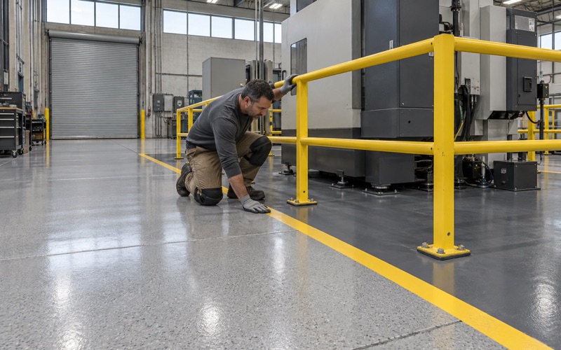 A heavy-build epoxy floor with a striped walkway around a machine cell in an Ames manufacturing plant.