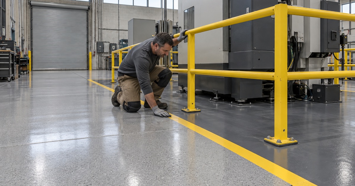 A heavy-build epoxy floor with a striped walkway around a machine cell in an Ames manufacturing plant.