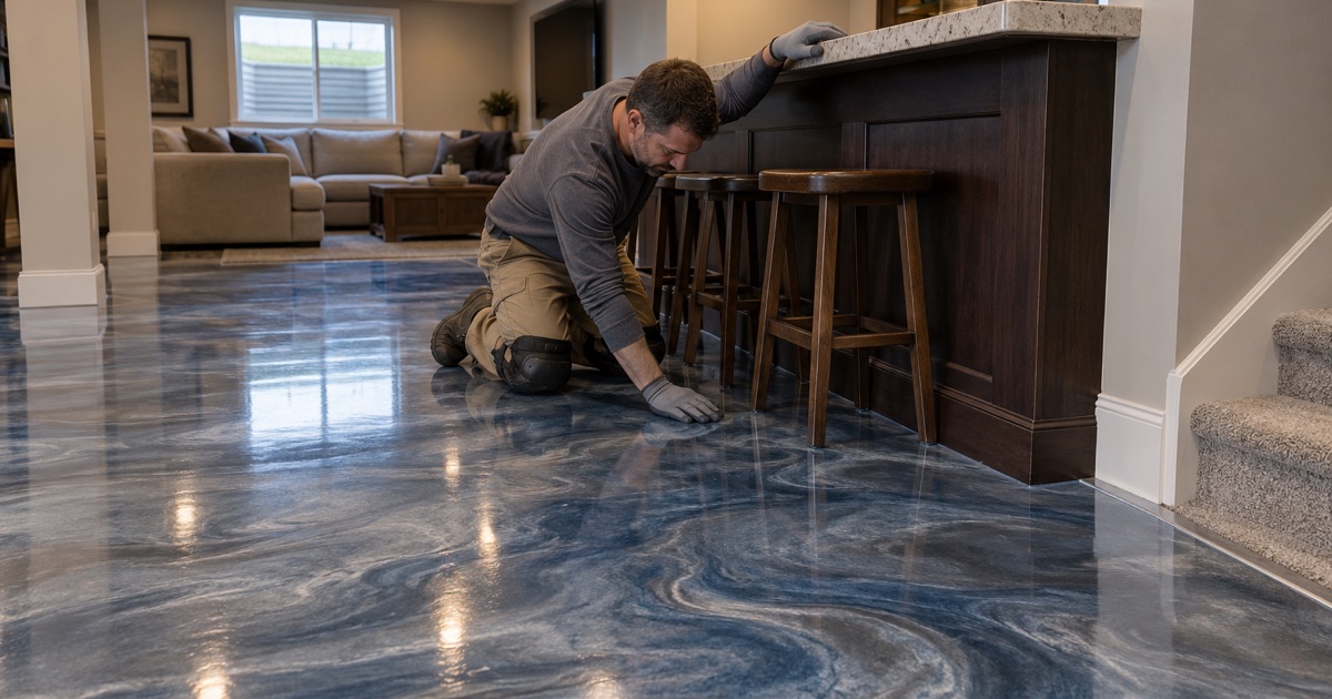 A silver, slate and blue metallic epoxy floor under a home bar in the finished basement of an Ames house.