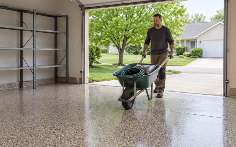 Garden tools wheeled back onto a same-day polyaspartic flake floor in an Ames ranch house garage.