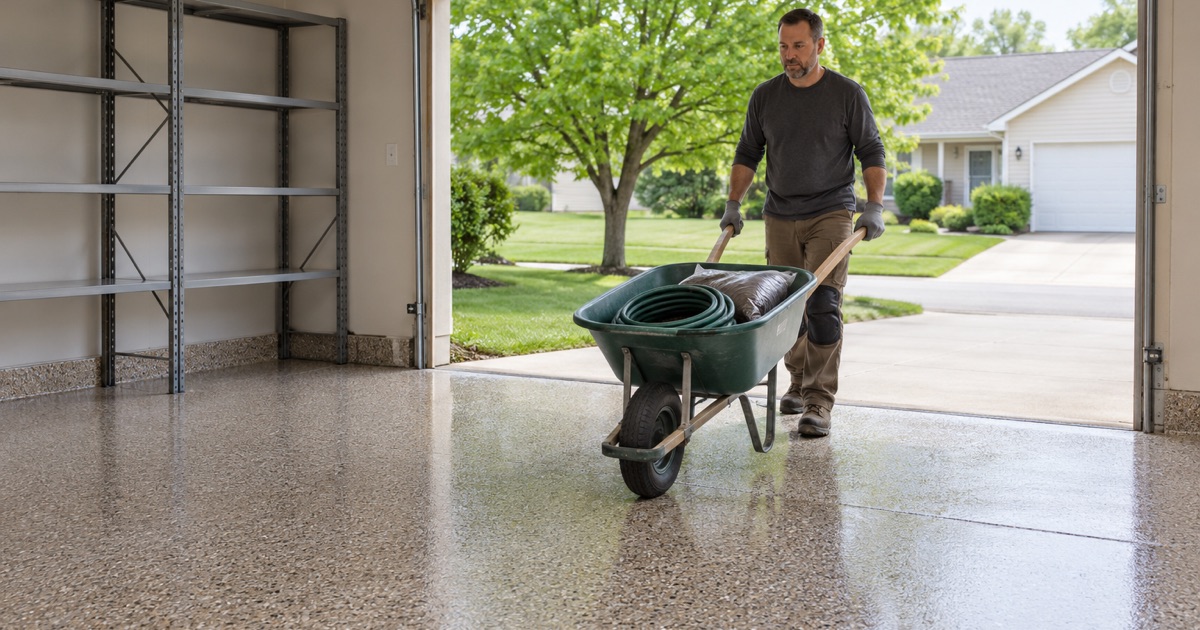 Garden tools wheeled back onto a same-day polyaspartic flake floor in an Ames ranch house garage.